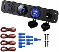 車充4孔面板 (長條形) Car Charger Switch Panel  汽車充電器開關面板 12V雙USB充電插座 點煙器適配器 藍色LED電壓表 開/關切換開關面板 適用於卡車、拖車、露營車等