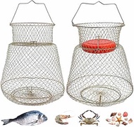 Seloom 2PCS Galvanized Steel Wire Fish Baskets for Live Fish,Collapsible Wire Fish Crab Baskets,Portable Fishing Basket One Regular and One Floatable Style for Outdoor,Foldable Fishing Accessories