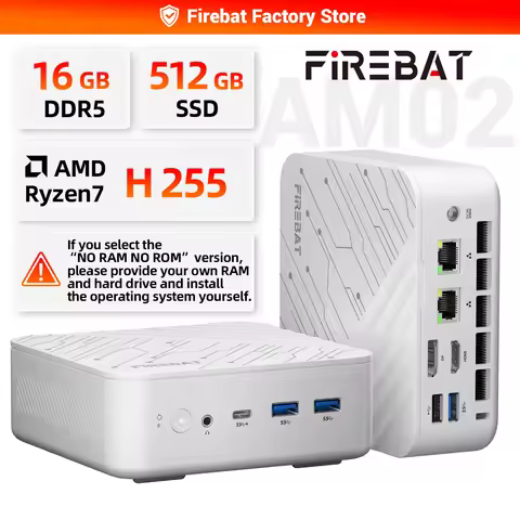 FIREBAT AM02 AMD Ryzen7 H 255 Mini PC 16GB DDR5 RAM 512GB SSD WIFI6 BT5.2 4A1C Dual RJ45 3*4K Displa