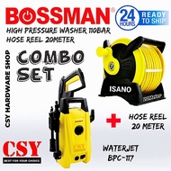 BOSSMAN Combo BPC-117 + Hose Reel / High Pressure Washer 110bar & ISANO STACKABLE HOSE REEL SET 20ME