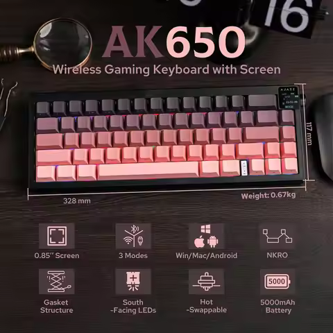 AK650 3-Mode Wireless Mechanical Keyboard, 65% Layout, RGB, Screen, Volume Knob, 5000mAh Battery