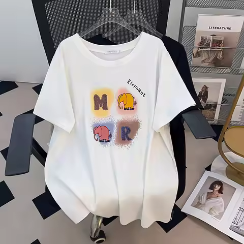170Kg Plus Size Women's Bust 170 Summer Loose Round Neck Short Sleeve Cartoon T-shirt Black White 4X