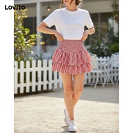 Lovito Skirt Wanita Corak Gingham Buckle Plat L110AD476