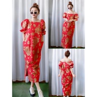 Golden Dragon Print Doll Sleeve Dress