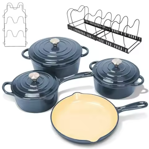 Nonstick Enameled Cast Iron Cookware Set- 9 Pieces Dutch Oven Pot with Lid for Braising, Stews, Roas