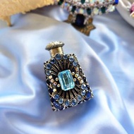 捷克工藝祖母方玻璃銀絲掐紋藍色系萊茵長形香水瓶/西洋古董飾品