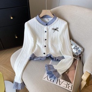 Sweet Bow Knot Sweater Jacket - Women's Contrasting Colors & Bead Details