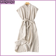 Cotton Linen Button Down Shirt Midi Dress for Women Casual Lapel Collared Sleeveless Dress with Belt