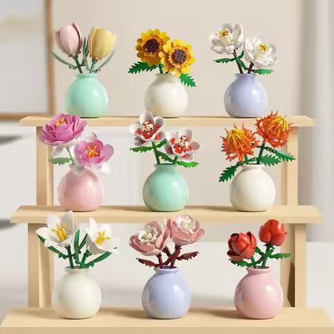 Building block pot plant bouquet of flowers, roses, lily building blocks, toys with flower pots, cut