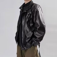 Bonnie Cathy Người Đàn Ông Cổ Điển Đơn Giản Quá Khổ Da Bò Đứng Cổ Áo da màu đen Áo Khoác Biker Áo Kh