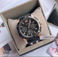 全新GUESS正品手錶⌚(W0366G3)玫瑰金錶殼黑色矽膠錶帶不銹鋼石英男女生三眼計時腕錶43.5mm 中性錶