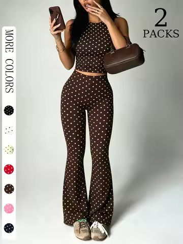 2Packs Y2K Women Polka Dot 2 Piece Set Crop Tank High Waist Flare Pants Vintage Club Daily Outfit