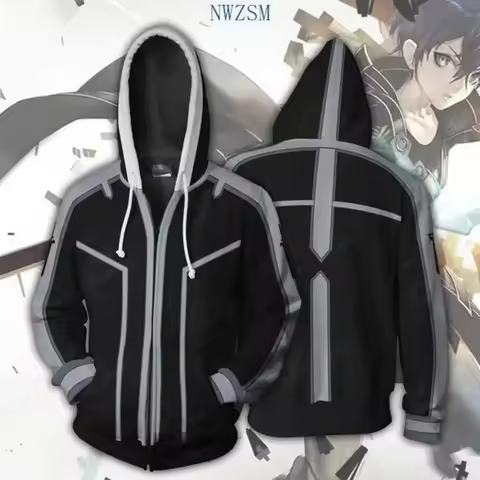 New Halloween Cosplay Costume SAO Sword Art Online Kirito Asuna Zip Up 3D Hoodies Long Sleeve Men An