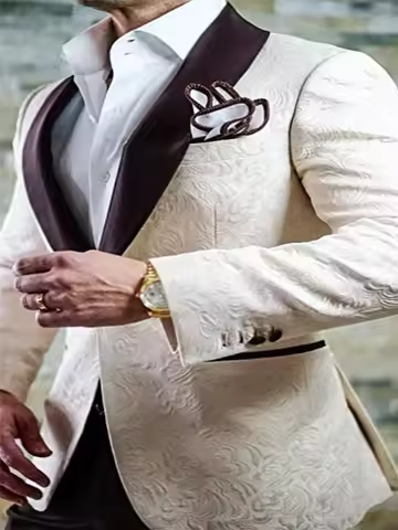 Groomsmen Beige and Coffee Groom Tuxedos Shawl Satin Lapel Men Suits Wedding 3 Pieces ( Jacket+Pants