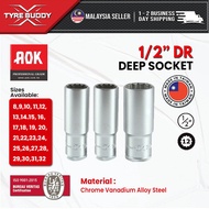 [TAIWAN] AOK 1/2 Inch DR 12PT Deep Chrome Socket Box 8-32MM; Long; Toyo; Heavy Duty; Soket Panjang; 