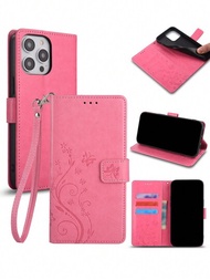 1 funda tipo cartera con diseño de mariposa rosa y flores prensadas con tarjetero, cordón, funda con tapa compatible con iPhone 14 Pro Max/Samsung A23/huawei P30/xiaomi Poco X4 Pro/redmi Note 11/google Pixel 6/oppo Reno 6 Lite/oneplus Nord Ce 3 Lite