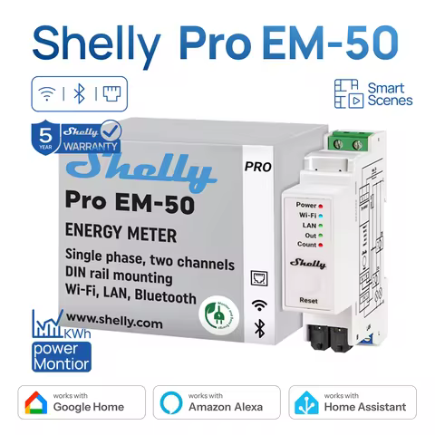Shelly Pro EM 50A Wifi DIN Rail Mountable 2 Channel Single Phase Energy Meter Integrated Switch With