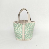 HERMES Picotin14菜籃子綠花I2奶油白Swift皮U刻銀扣肩背包