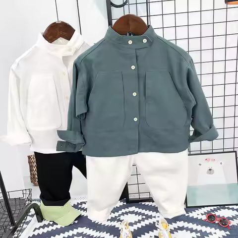 1-9Y Boys' long-sleeved shirt set spring children's solid color shirt boy Korean version of Yangqi C