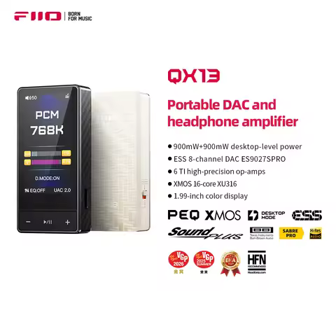 FiiO QX13 Portable DAC Amp, ES9027PRO 8-Ch DAC, 900mW×2, XMOS 16-Core, 10-Band EQ, Carbon Fiber Body