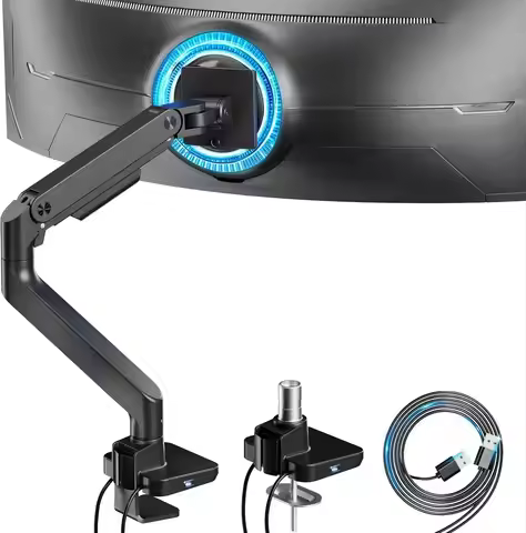Ultrawide Monitor Arm for 17-49 inch, Holds 44 lbs, Gas Spring Desk Mount with USB A/C, Clamp & Grom