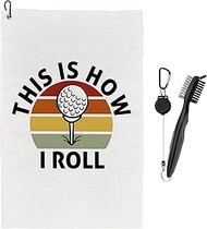 Ecezatik This is How I Roll - Retro Funny Golf Towels for Golf Bags Women Men with Clip - Golf Accessories for Women Men, Golf Gifts for Women Men, Gifts for Golfers, Golf Towel and Brush Set
