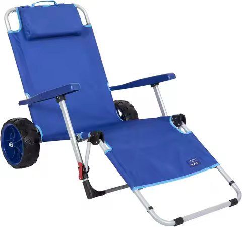 Mac Sports Beach Day Foldable Chaise Lounge Chair with Integrated Wagon Pull Cart Combination and He