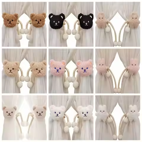 2Pcs Gift Ins Cartoon Bear Curtain 3D Cute Window Curtain Buckles Plush Bear-shaped Bear Curtain Tie