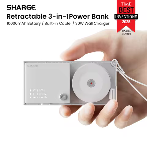 SHARGE 3-in-1 Portable Power Bank 30W USB-C Charger with USB-C Cable 10,000mAh AC Plug Max Battery P