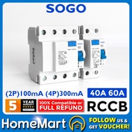 SOGO RCCB 40A RCCB 63A Residual Current Circuit Breaker ELCB 2 Pole 4 Pole RCCB 100mA RCCB 300mA