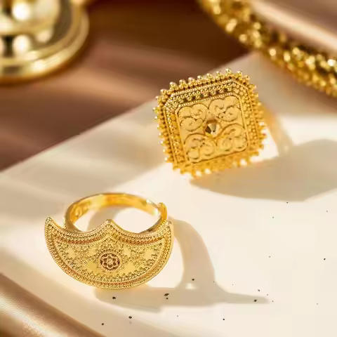 Adjustable Copper Gold Plated Square Moon Shape Ring Trendy Middle East Style Arabic Wedding Couple 