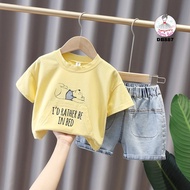 Short-sleeved yellow pood bear outfit, active soft 2-pocket jean shorts for boys and girls from 8-20