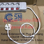 UK Plug to EU Extension Cable 4 Holes + On Off Each Hole 2x1.5mm/