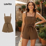 Lovito Jumpsuit Kasual Wanita Musim Bunga/Panas Coklat dengan Renda, Ikat Riben dan Butang L155AD250