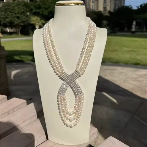 Jewelry 18" 3 Strands Cultured White Pearl Necklace CZ Pave Pendant