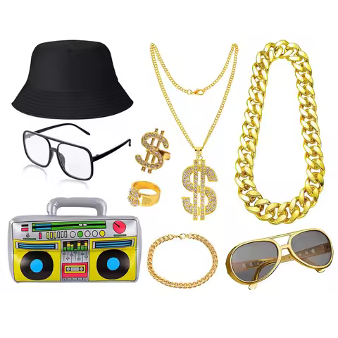 80s 90s Costume Outfit Set Big Gold Chain 80s/90s Rapper Accessories Glasses Bracelet Hip Hop Fancy