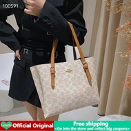 (Premium Quality ) 2024 New Original COACH Handbag Women's PU Leather Letter Prin Tote Bag Single Sling Shoulder Bag Korean Fashion Student Large Capacity Shopping Bag Travel Wrok Bag