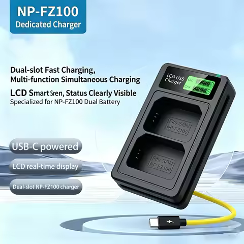 NP-FZ100 Dual Slot LCD Type-C USB Charger for Sony A7 III A7M3 A7 IV A7M4 A7C A6600 A6700 A7C II A7C