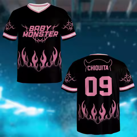 BABYMONSTER Chiquita No.09 V Neck Jersey T Shirt Pink Thorn Flame Print Unisex Casual Top Kpop Conce