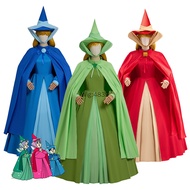 Halloween Costume Good Fairy Flora Fauna Merryweather 3 Colors Cosplay Costume Ball Gown With Hat Se