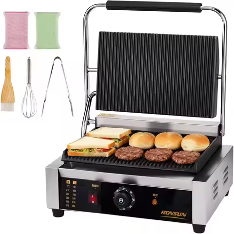 ROVSUN 811E Commercial Panini Press Grill, 2200W Stainless Steel Electric Countertop Sandwich Maker 