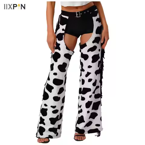 Womens Cowgirl Chaps Cow Pattern Flannel Long Pants Side Tassel Adjustable Waist Open Crotch Riding 