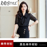 RYRYSTYLE White Chiffon Shirt Womens New Style Temperament Fashion Design Sense Bow V-neck Western S
