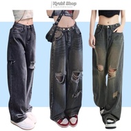 YOYO Korean Fashion Women's High Waist Wide Leg Ripped Jeans - Retro Ripped Straight Jeans KYUBI GW1