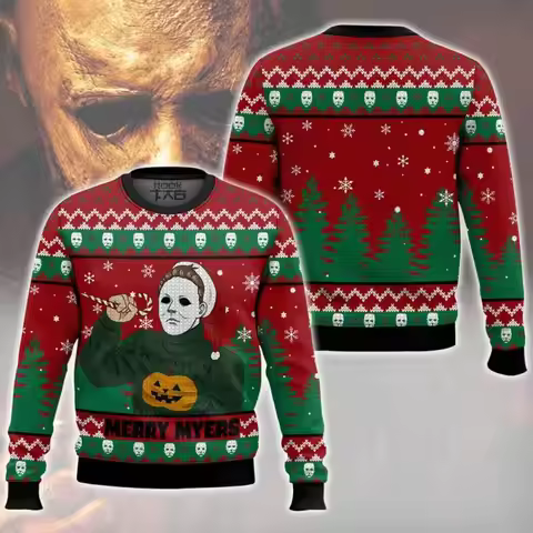 Christmas Ugly Sweater Michael Myers Snowflakes Christmas Tree Candy Stick Pumpkin Lantern Dark Crea