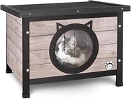 VOUNOT® Wooden Cat House, Weatherproof Cat House with Swing Door in Cat Ear Design & Height-Adjustab
