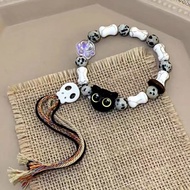 Gelang tengkorak kepala kucing keramik gaya Cina untuk pria dan wanita dengan rumbai warna-warni