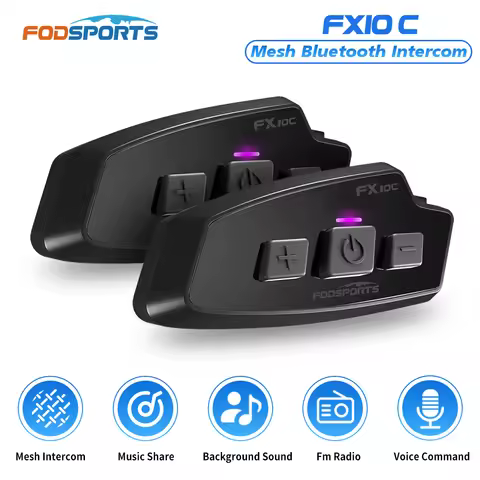 2pcs Fodsports FX10C Motorcycle Bluetooth Mesh Intercom Helmet Bluetooth Headset,Music Share,FM Radi
