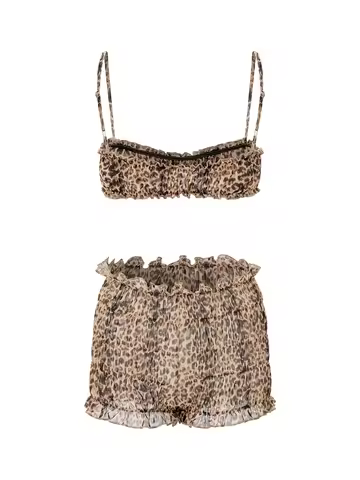 Leopard Print Lounge Set with Sweetheart Neckline and Smocked Shorts - 2-Piece Ruffled Outfit for Wo