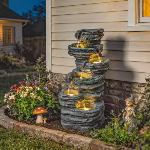 Outsunny Outdoor Fountain with Waterfall, 40inch , Gray